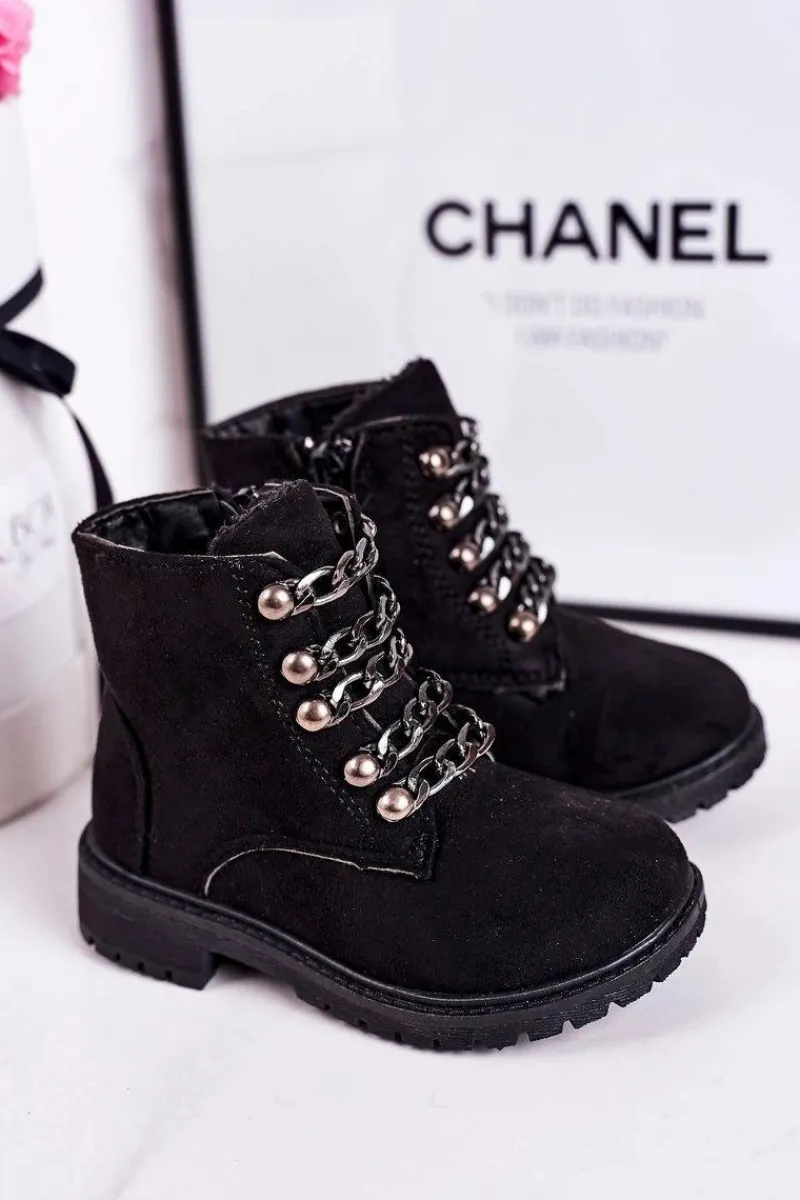 New Dziecięce Ocieplane Traperki Eko Zamsz Łańcuch Czarne Rock&Roll Dzieci Dziewczęce