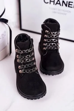 New Dziecięce Ocieplane Traperki Eko Zamsz Łańcuch Czarne Rock&Roll Dzieci Dziewczęce