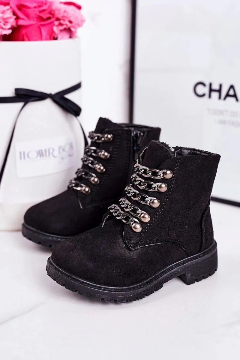 New Dziecięce Ocieplane Traperki Eko Zamsz Łańcuch Czarne Rock&Roll Dzieci Dziewczęce