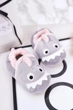 Sale Dziecięce Ocieplane Welurowe Papcie Szare Monster Dzieci Chłopięce|Dziewczęce