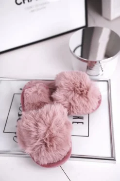 Dziecięce Papcie Klapki z Futerkiem Pudrowy Róż Snow Ball Dzieci Dziewczęce|Dziewczęce