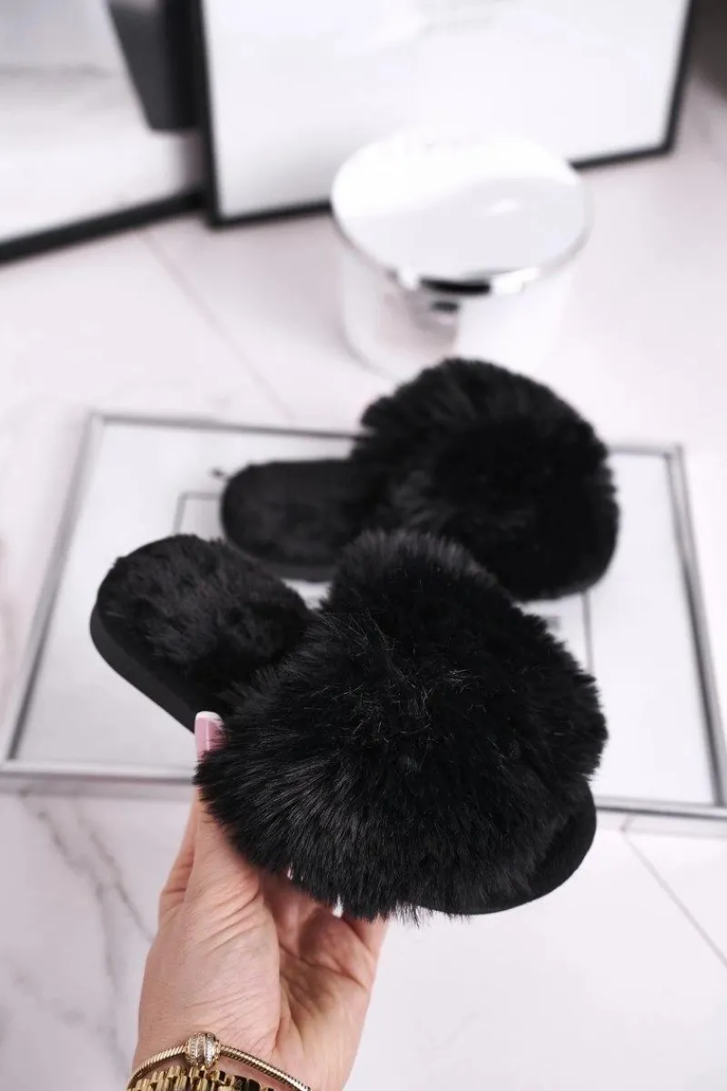 Online Boto Dziecięce Papcie Klapki z Futerkiem Czarne Snow Ball