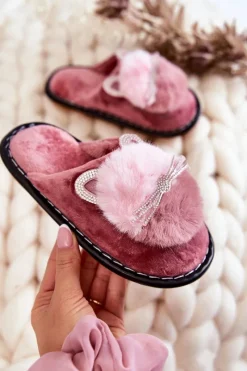 Best Boto Dziecięce Papcie Z Kotkiem I Cyrkoniami Ciemnoróżowe Carliss