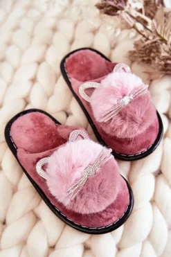 Best Boto Dziecięce Papcie Z Kotkiem I Cyrkoniami Ciemnoróżowe Carliss