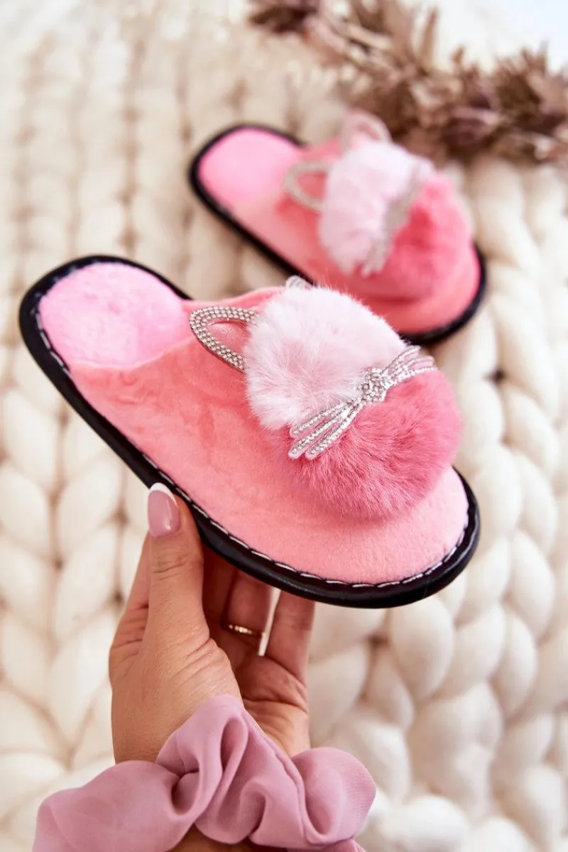 Dziewczęce>Boto Dziecięce Papcie Z Kotkiem I Cyrkoniami Jasnoróżowe Carliss