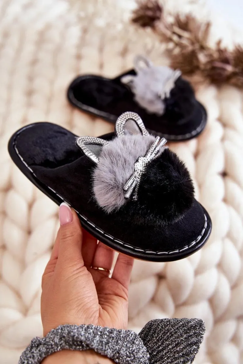 Dziecięce Papcie Z Kotkiem I Cyrkoniami Czarne Carliss Dzieci Dziewczęce