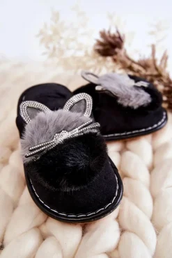 Dziecięce Papcie Z Kotkiem I Cyrkoniami Czarne Carliss Dzieci Dziewczęce