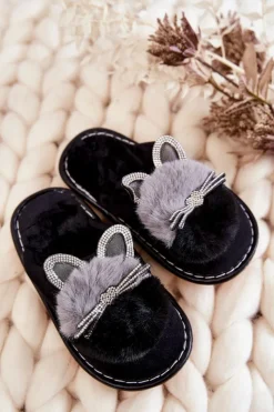 Dziecięce Papcie Z Kotkiem I Cyrkoniami Czarne Carliss Dzieci Dziewczęce