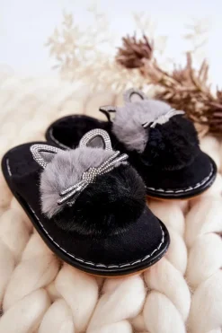 Dziecięce Papcie Z Kotkiem I Cyrkoniami Czarne Carliss Dzieci Dziewczęce