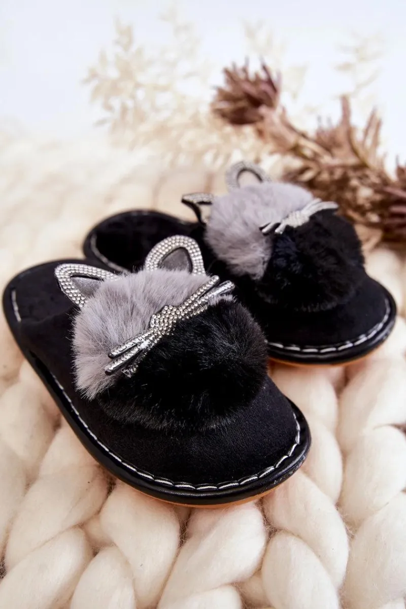 Dziecięce Papcie Z Kotkiem I Cyrkoniami Czarne Carliss Dzieci Dziewczęce