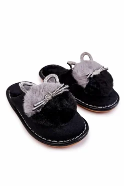 Dziecięce Papcie Z Kotkiem I Cyrkoniami Czarne Carliss Dzieci Dziewczęce