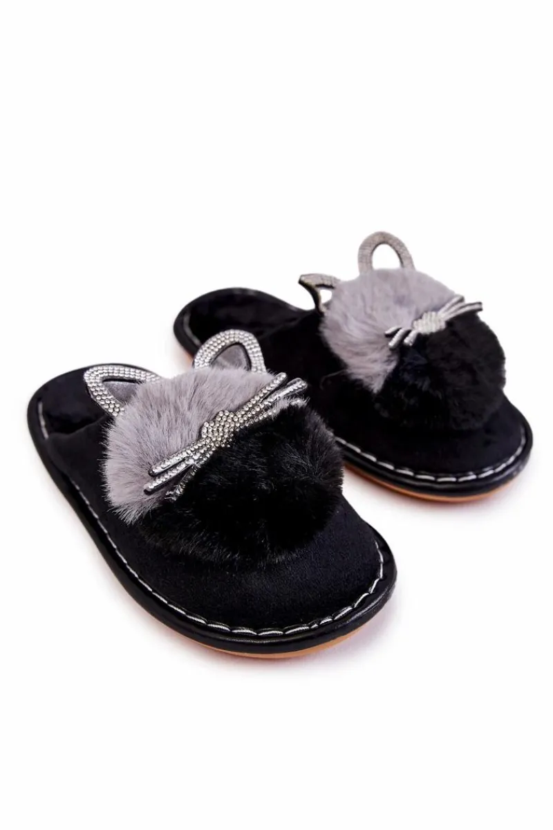 Dziecięce Papcie Z Kotkiem I Cyrkoniami Czarne Carliss Dzieci Dziewczęce