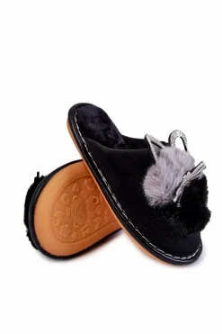 Dziecięce Papcie Z Kotkiem I Cyrkoniami Czarne Carliss Dzieci Dziewczęce