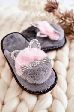 Clearance Boto Dziecięce Papcie Z Kotkiem I Cyrkoniami Szare Carliss