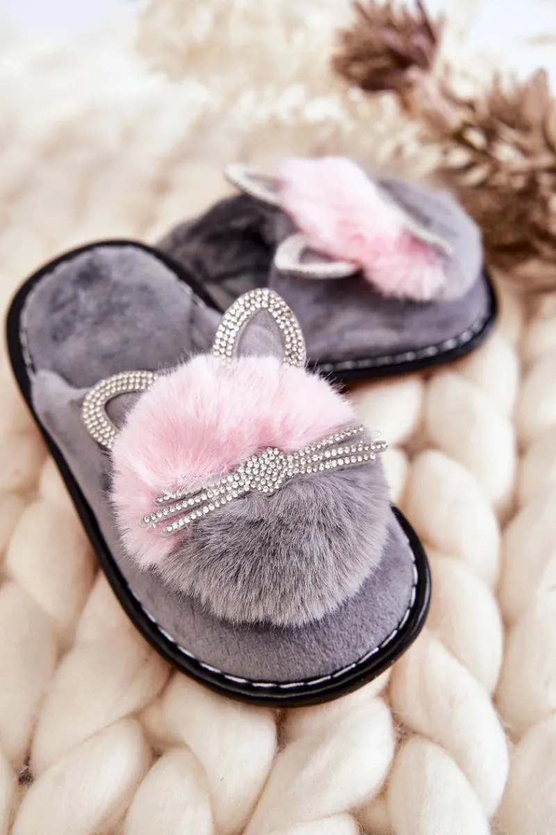 Clearance Boto Dziecięce Papcie Z Kotkiem I Cyrkoniami Szare Carliss