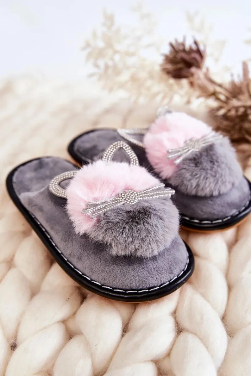 Clearance Boto Dziecięce Papcie Z Kotkiem I Cyrkoniami Szare Carliss