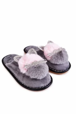 Clearance Boto Dziecięce Papcie Z Kotkiem I Cyrkoniami Szare Carliss