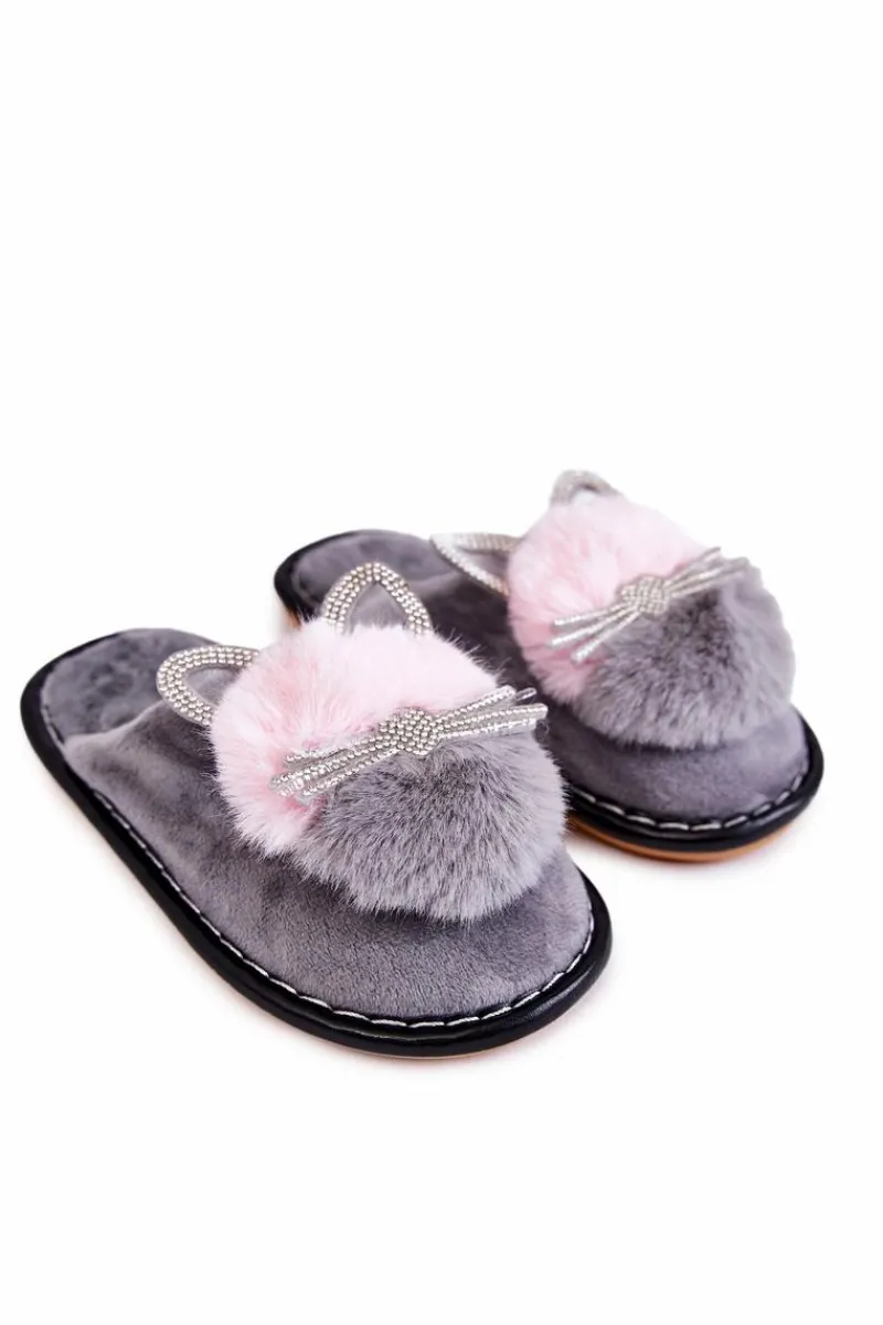 Clearance Boto Dziecięce Papcie Z Kotkiem I Cyrkoniami Szare Carliss