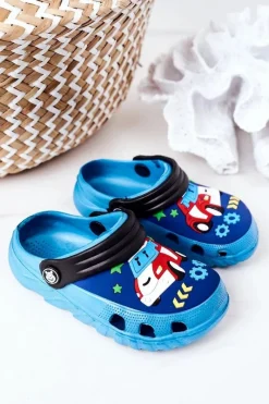 Sale Dziecięce Piankowe Klapki Kroksy Z Samochodem Niebiesko-Czarne Dzieci Chłopięce