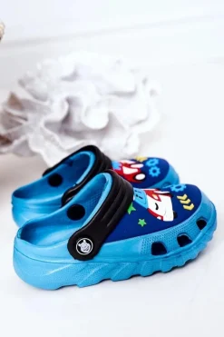 Sale Dziecięce Piankowe Klapki Kroksy Z Samochodem Niebiesko-Czarne Dzieci Chłopięce