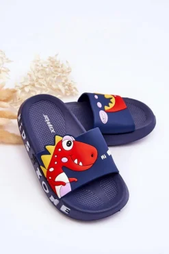 Best Dziecięce Piankowe Klapki Dinozaur Granatowe Dario Dzieci Chłopięce|Dziewczęce