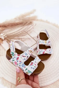 Dziewczęce|Chłopięce>Boto Dziecięce Sandałki Na Korkowej Podeszwie Z Klamrami Owoce Białe Thessa Biały