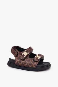 Clearance Dziecięce Sandałki Na Rzepy Ze Złotymi Detalami Brązowe Cavina Dzieci Dziewczęce