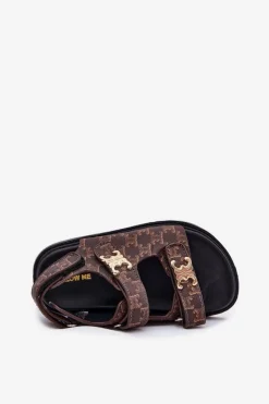 Clearance Dziecięce Sandałki Na Rzepy Ze Złotymi Detalami Brązowe Cavina Dzieci Dziewczęce