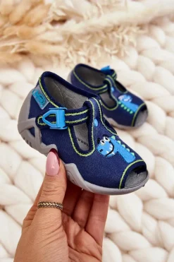 Clearance Dziecięce Sandałki Papcie Dinozaur 217P116 Granatowe Dzieci Chłopięce