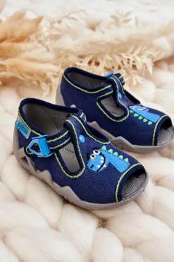 Clearance Dziecięce Sandałki Papcie Dinozaur 217P116 Granatowe Dzieci Chłopięce