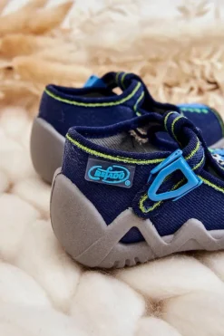 Clearance Dziecięce Sandałki Papcie Dinozaur 217P116 Granatowe Dzieci Chłopięce