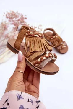 Dziewczęce>Boto Dziecięce Sandały Na Rzep Z Frędzelkami Brązowe Missy