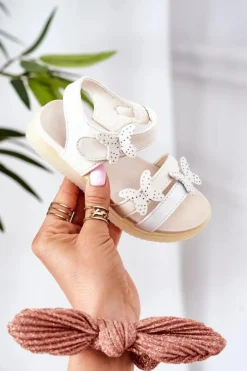 Boto Dziecięce Sandały Z Motylkami Na Rzep Białe Malvika