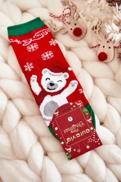 Aura.via Dziecięce Skarpetki "Merry Christmas" Wesoły Miś Czerwone