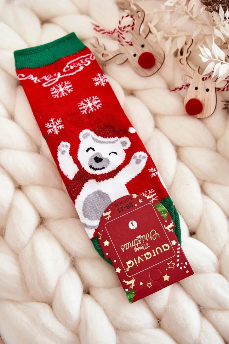 Aura.via Dziecięce Skarpetki "Merry Christmas" Wesoły Miś Czerwone