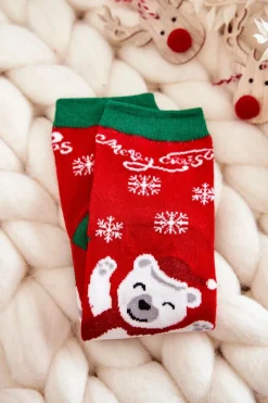 Aura.via Dziecięce Skarpetki "Merry Christmas" Wesoły Miś Czerwone