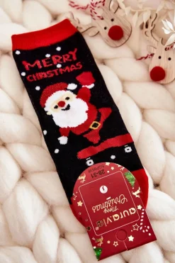 Clearance Aura.via Dziecięce Skarpetki "Merry Christmas" Mikołaj Czarno-Czerwone
