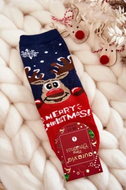 Skarpetki|Skarpetki>Aura.via Dziecięce Skarpetki "Merry Christmas" Renifer Granatowo-Czerwone