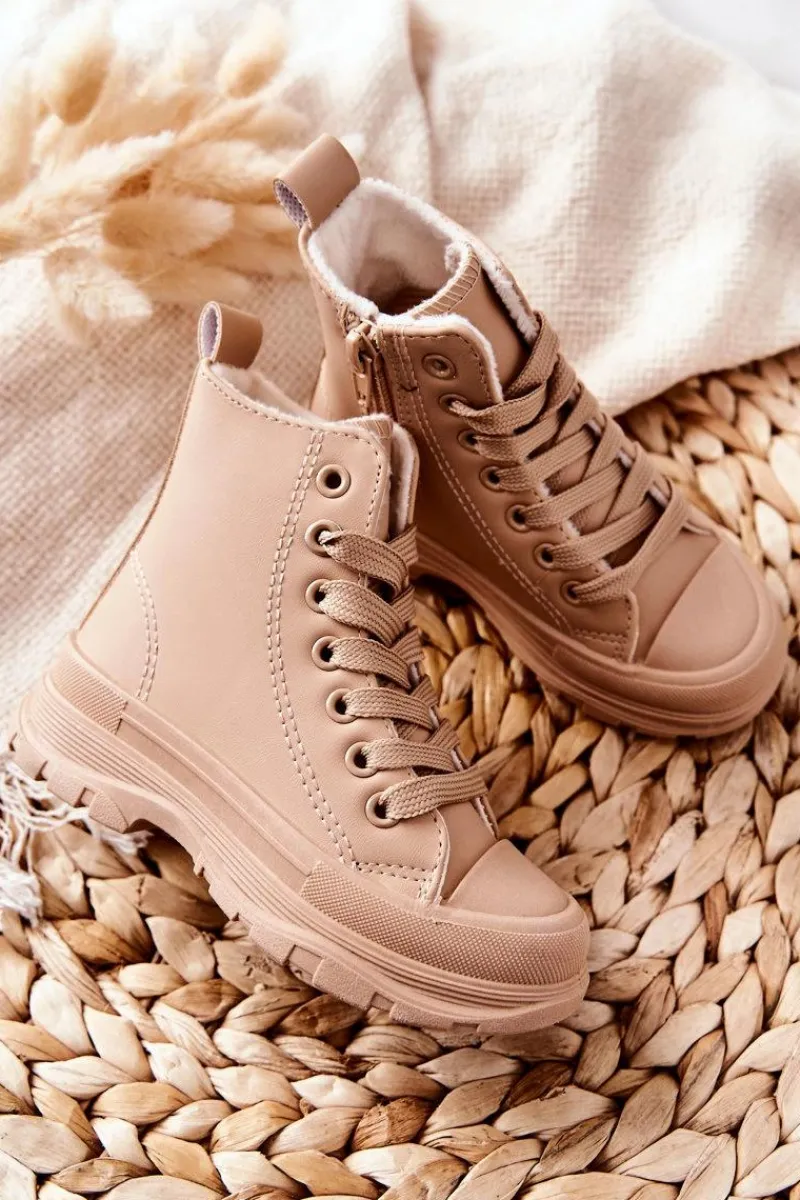 Chłopięce|Dziewczęce>Boto Dziecięce Skórzane Ocieplane Trampki Beżowe Bomi