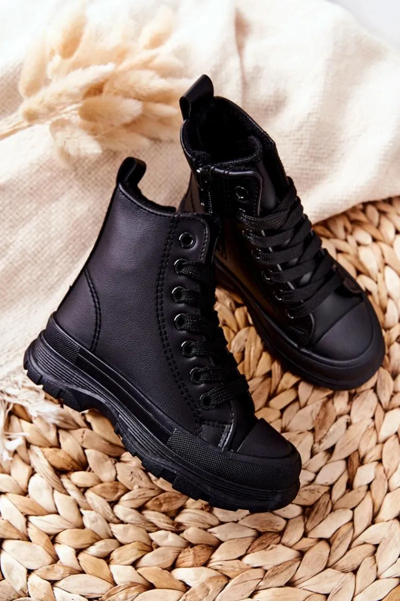 Best Boto Dziecięce Skórzane Ocieplane Trampki Czarne Bomi