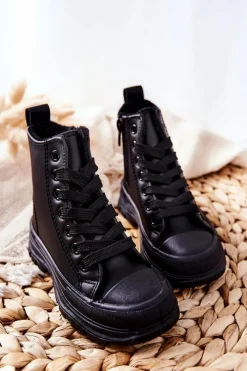 Best Boto Dziecięce Skórzane Ocieplane Trampki Czarne Bomi