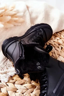 Best Boto Dziecięce Skórzane Ocieplane Trampki Czarne Bomi