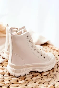 Clearance Dziecięce Skórzane Ocieplane Trampki Jasnobeżowe Bomi Dzieci Chłopięce|Dziewczęce