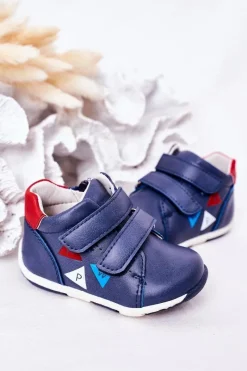 Chłopięce>Boto Dziecięce Skórzane Półbuty Na Rzepy Granatowe Milo