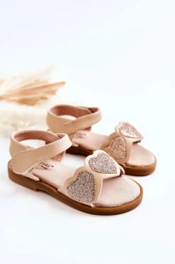 Clearance Damskie buty S.Barski Dziecięce Skórzane Sandały Brokatowe Serduszka Beżowe Luisa