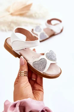 Online Dziecięce Skórzane Sandały Brokatowe Serduszka Białe Luisa Dzieci Dziewczęce