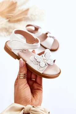 Damskie buty S.Barski Dziecięce Skórzane Sandały Motylki Białe Rolly