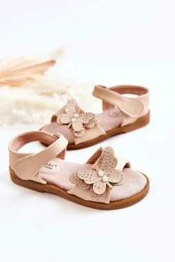 Dziewczęce>Damskie buty S.Barski Dziecięce Skórzane Sandały Motylki Beżowe Rolly