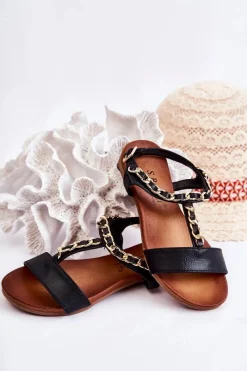 Outlet Dziecięce Skórzane Sandały Na Sprzączkę Czarne Letto Dzieci Dziewczęce