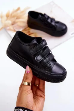 Chłopięce|Dziewczęce>Boto Dziecięce Skórzane Tenisówki Trampki Na Rzepy Czarne Foster Czarny